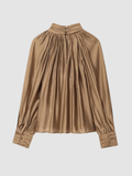 Women’s High-Neck Blouse – Long Sleeve, Draped Front Detail, Structured Fit