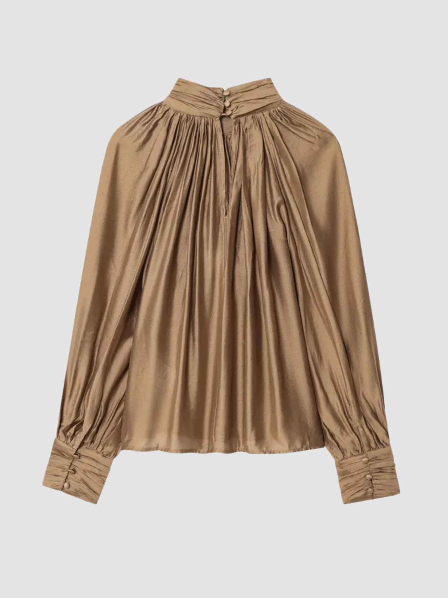 Women’s High-Neck Blouse – Long Sleeve, Draped Front Detail, Structured Fit